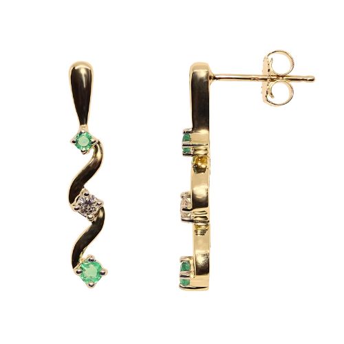 Emerald And Diamond 9ct Yellow Gold Wave Drop Earrings