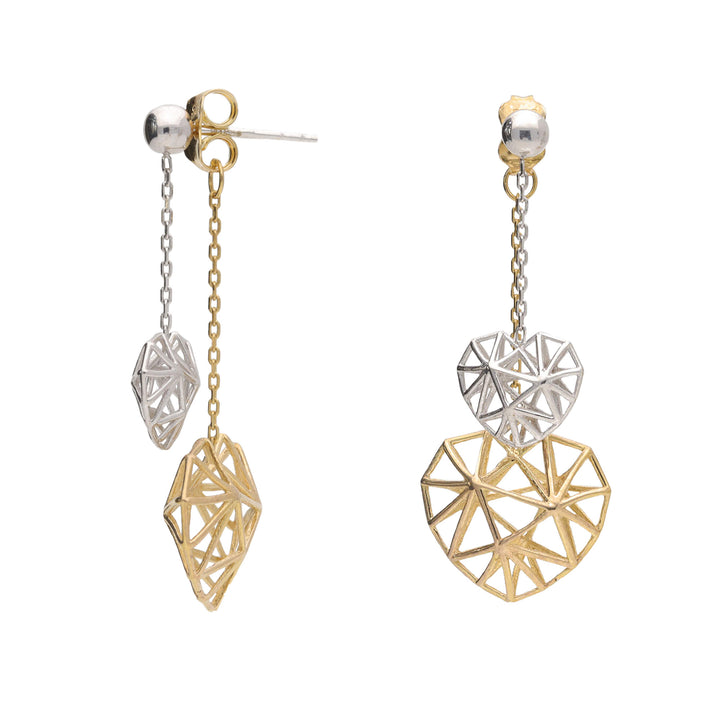 9ct Yellow and White Gold Double Heart Chain Drop Earrings - Michael Jones Jeweller