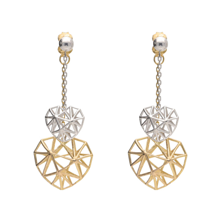 9ct Yellow and White Gold Double Heart Chain Drop Earrings - Michael Jones Jeweller