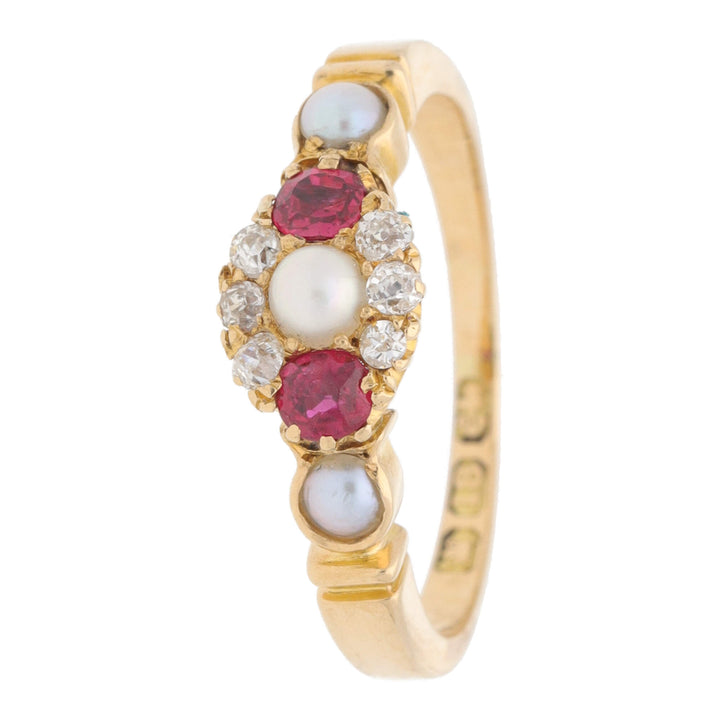 Pre-Owned Pearl, Ruby and Diamond 18ct Yellow Gold Ring