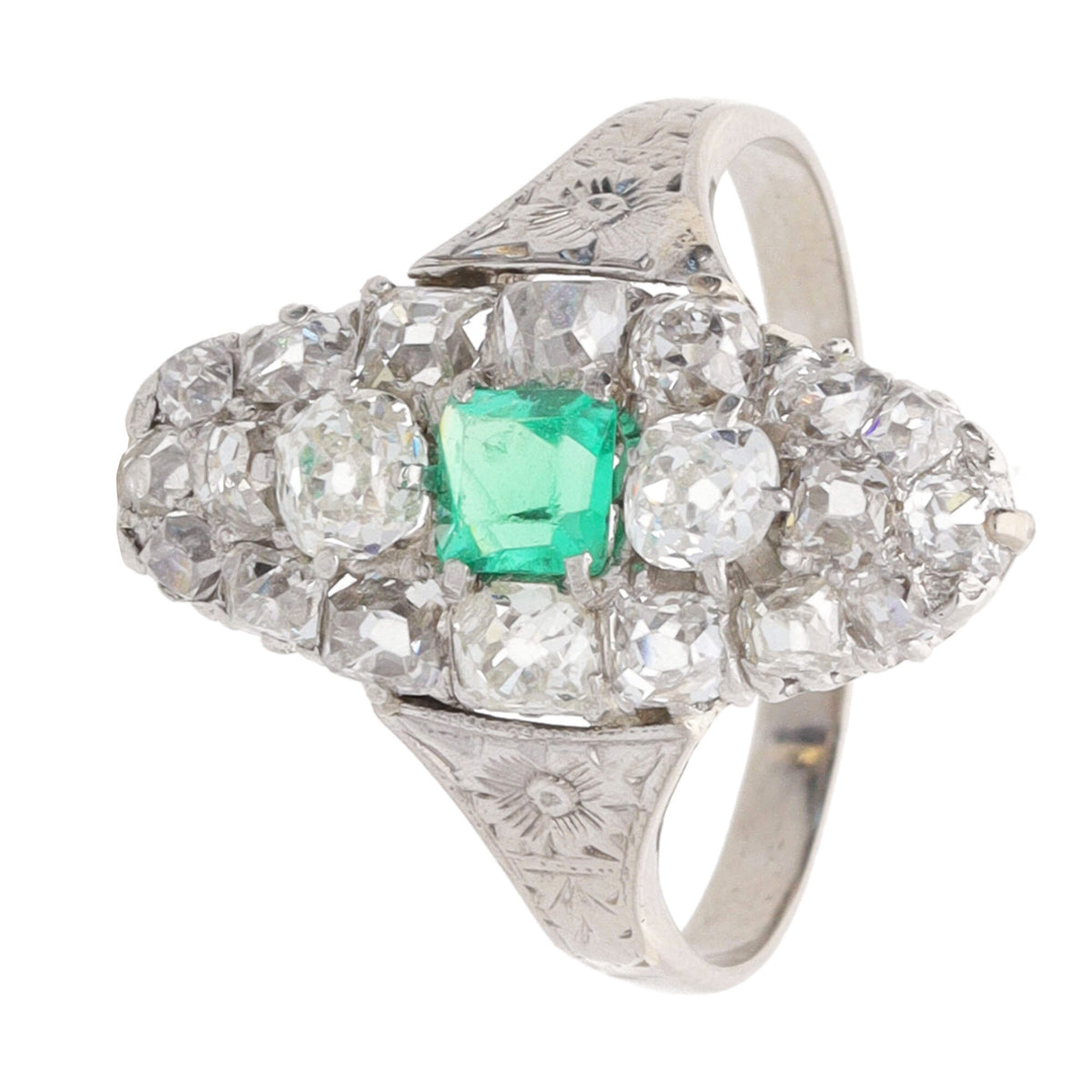 Pre-Owned Emerald and Diamond Boat Shaped Ring - Michael Jones Jeweller