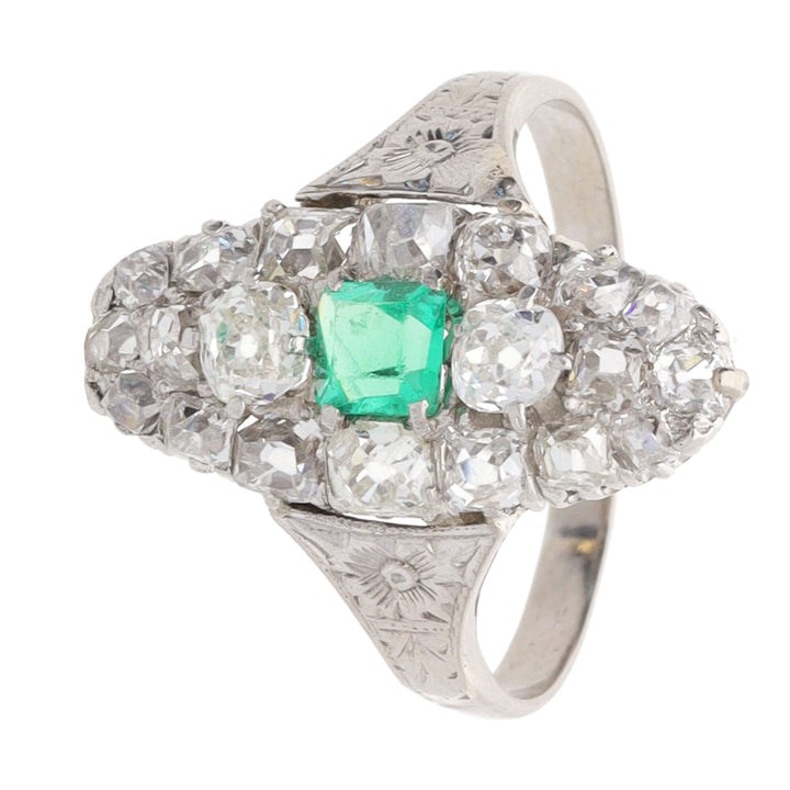 Pre-Owned Emerald and Diamond Boat Shaped Ring