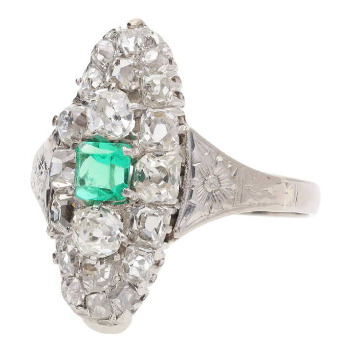 Pre-Owned Emerald and Diamond Boat Shaped Ring