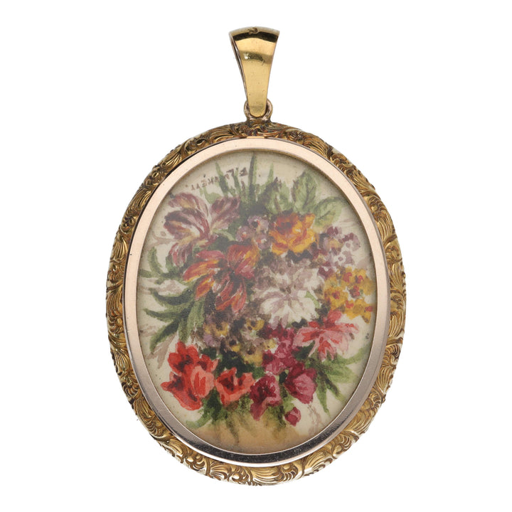 Pre-Owned 15ct Gold Oval Locket with Floral Painting
