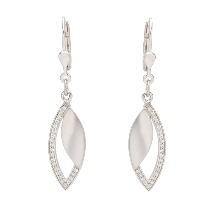 Satin Leaf Cubic Zirconia Silver Drop Earrings