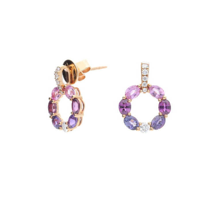 Sapphire and Diamond Circular 18ct Rose Gold Drop Earrings - Michael Jones Jeweller