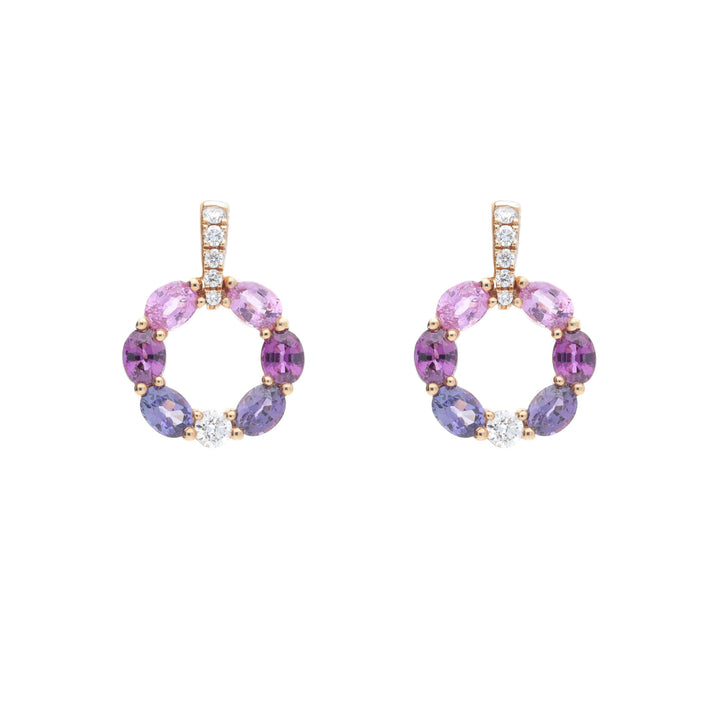 Sapphire and Diamond Circular 18ct Rose Gold Drop Earrings - Michael Jones Jeweller