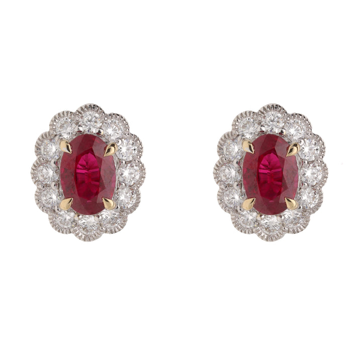 Ruby and Diamond 18ct White Gold Oval Ruby Cluster Earrings - Michael Jones Jeweller
