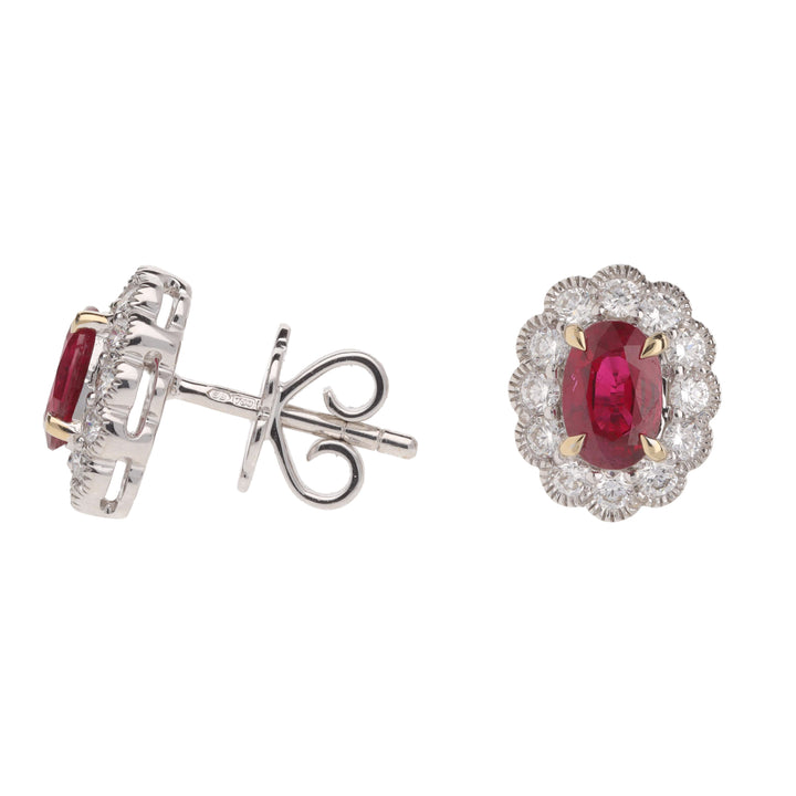 Ruby and Diamond 18ct White Gold Oval Ruby Cluster Earrings - Michael Jones Jeweller