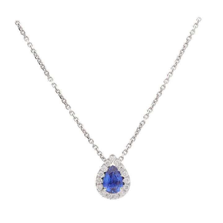 Sapphire and Diamond Pear Shaped 18ct White Gold Pendant - Michael Jones Jeweller