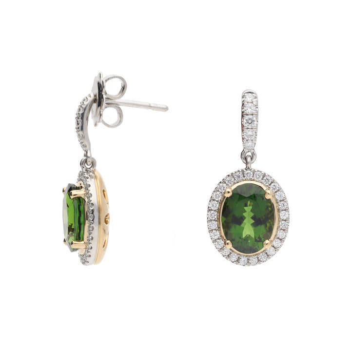 Skye Oval Green Tourmaline and Diamond Platinum Earrings - Michael Jones Jeweller