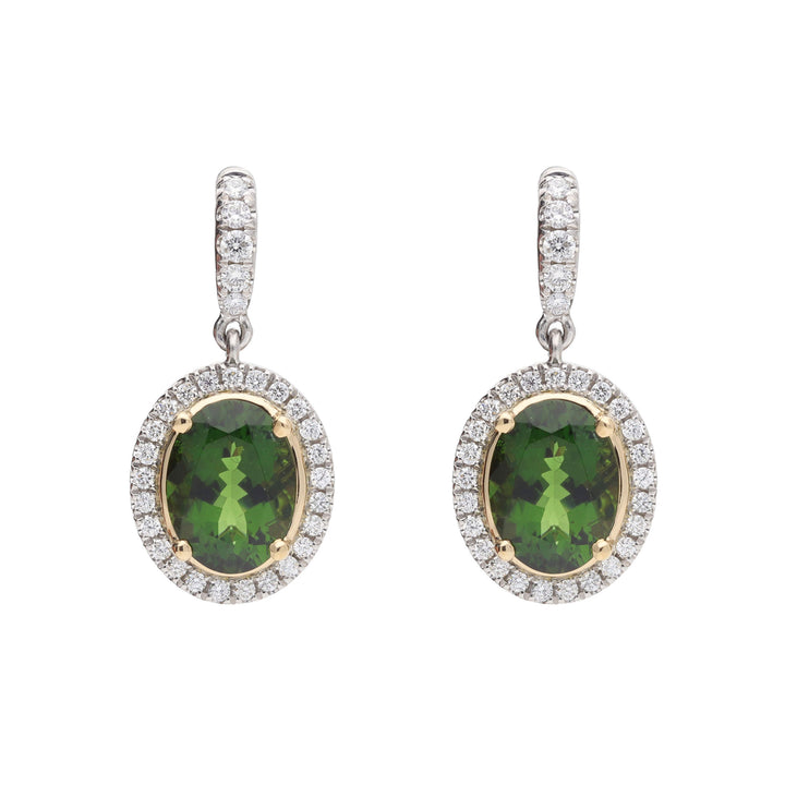 Skye Oval Green Tourmaline and Diamond Platinum Earrings - Michael Jones Jeweller