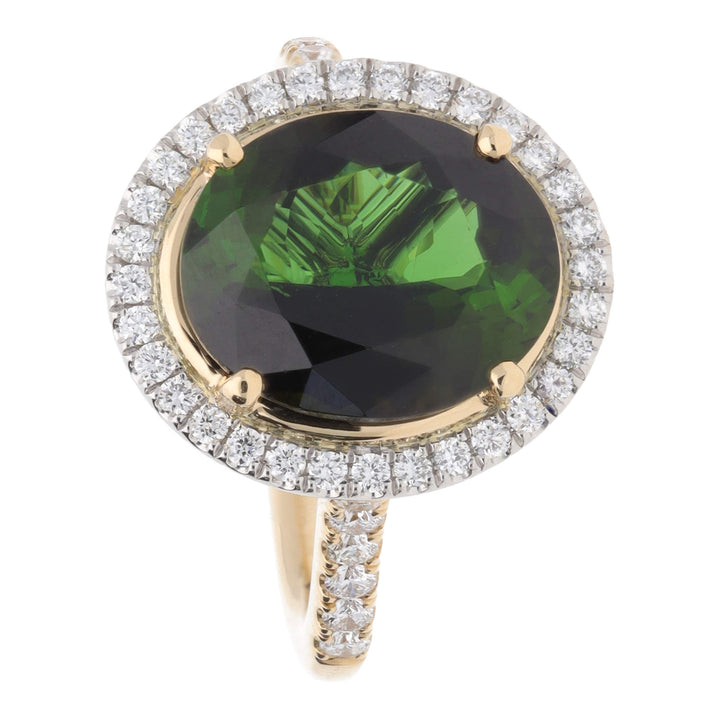 Green Tourmaline and Diamond Oval 18ct Yellow Gold Cluster Ring - Michael Jones Jeweller