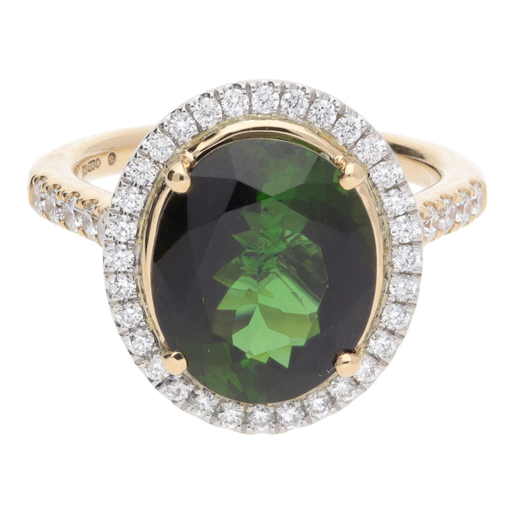 Green Tourmaline and Diamond Oval 18ct Yellow Gold Cluster Ring - Michael Jones Jeweller