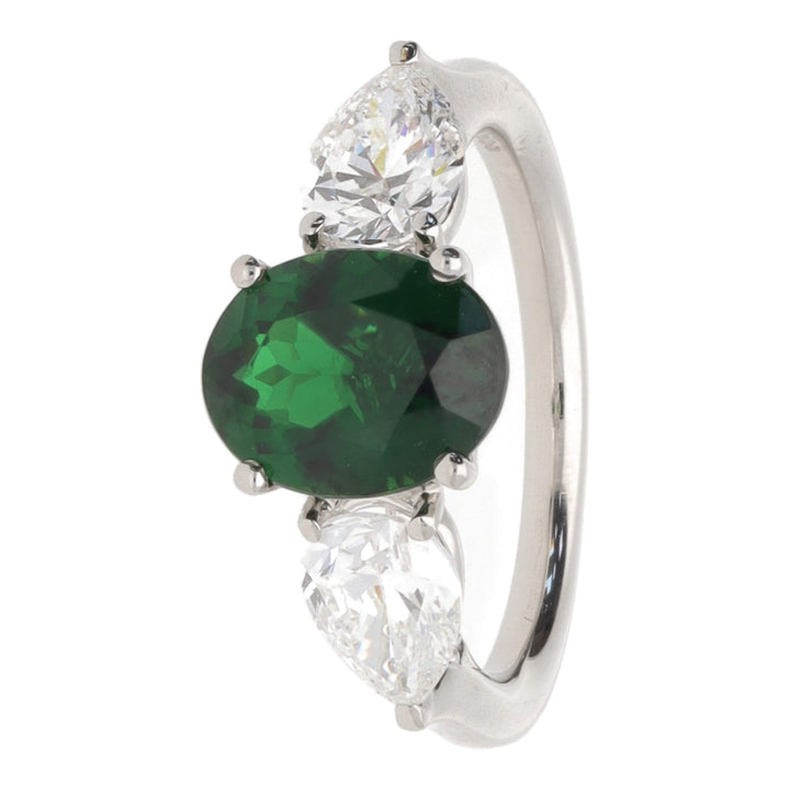 Green Tourmaline and Diamond Platinum Florentine Three Stone Ring - Michael Jones Jeweller