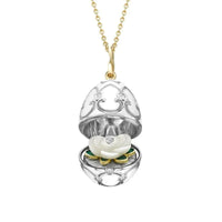 Fabergé Heritage Yellow and White Gold Diamond and Enamel Carved Mother of Pearl Rose Surprise Locket - Michael Jones Jeweller