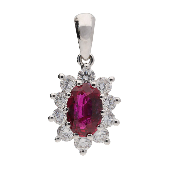 Ruby and Diamond 18ct White Gold Cluster Pendant - Michael Jones Jeweller