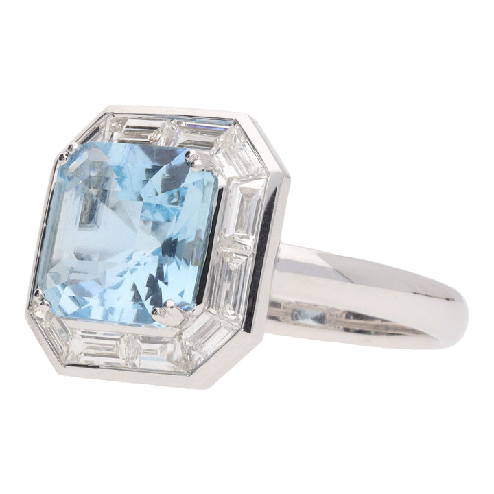 Octagonal Aquamarine and Diamond 18ct White Gold Ring