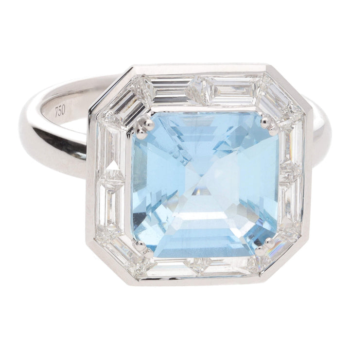 Octagonal Aquamarine and Diamond 18ct White Gold Ring