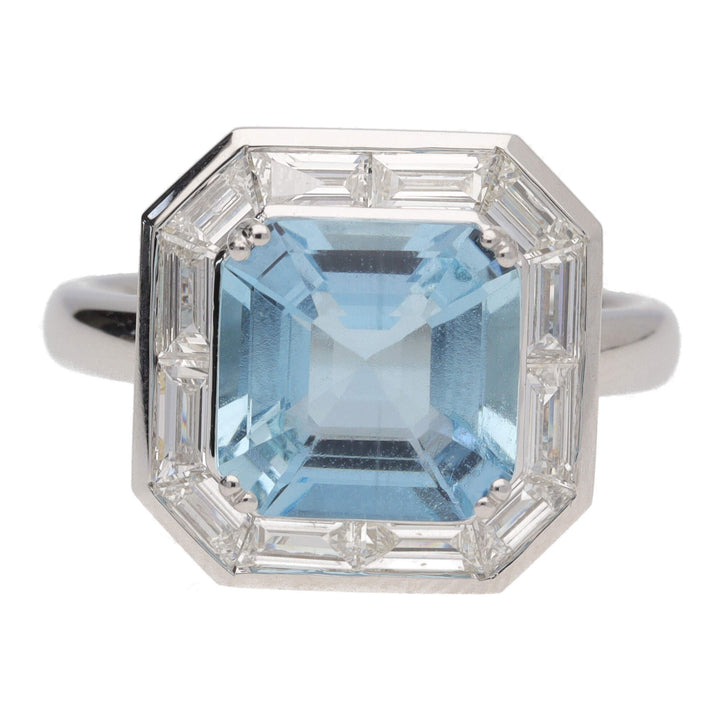 Octagonal Aquamarine and Diamond 18ct White Gold Ring