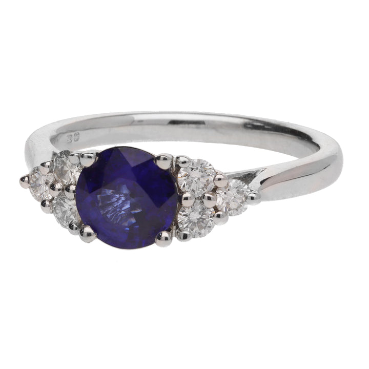 Blue Sapphire and Diamond Trefoil 18ct White Gold Ring