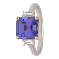 Tanzanite and Diamond Step Cut 18ct Yellow and White Gold Three Stone Ring