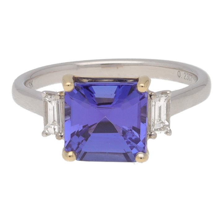 Tanzanite and Diamond Step Cut 18ct Yellow and White Gold Three Stone Ring (M)