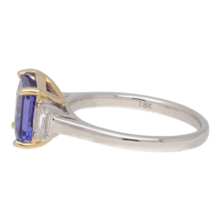 Tanzanite and Diamond Step Cut 18ct Yellow and White Gold Three Stone Ring