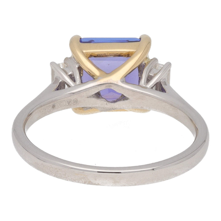 Tanzanite and Diamond Step Cut 18ct Yellow and White Gold Three Stone Ring