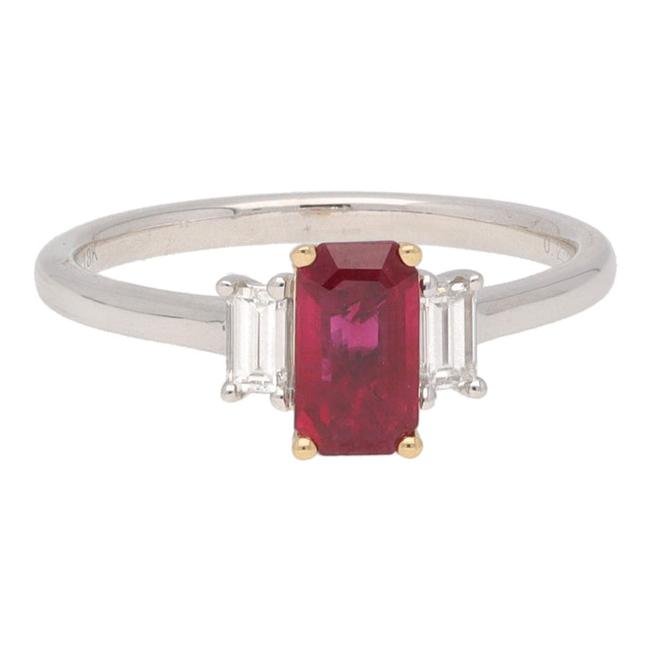 Ruby and Diamond Octagon Shaped 18ct Yellow and White Gold Three Stone Ring