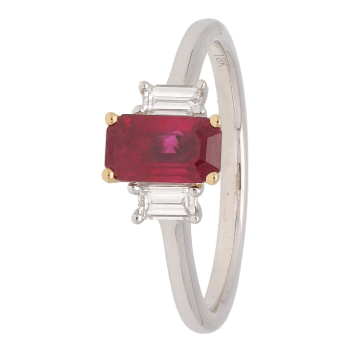 Ruby and Diamond Octagon Shaped 18ct Yellow and White Gold Three Stone Ring