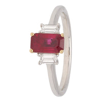 Ruby and Diamond Octagon Shaped 18ct Yellow and White Gold Three Stone Ring