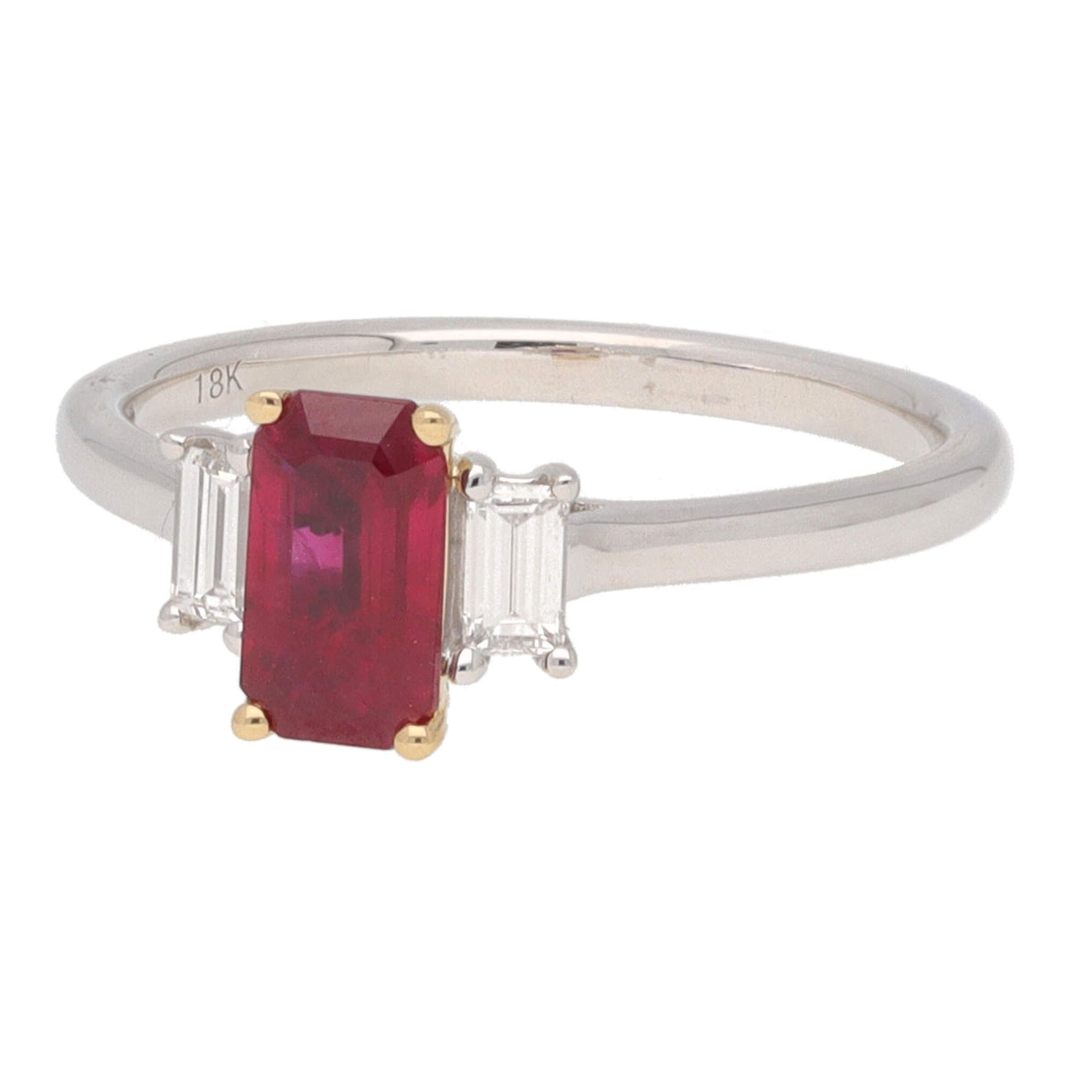 Ruby and Diamond Octagon Shaped 18ct Yellow and White Gold Three Stone Ring - Michael Jones Jeweller