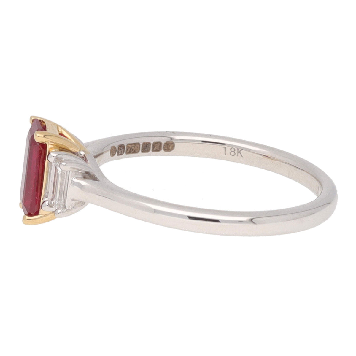 Ruby and Diamond Octagon Shaped 18ct Yellow and White Gold Three Stone Ring - Michael Jones Jeweller