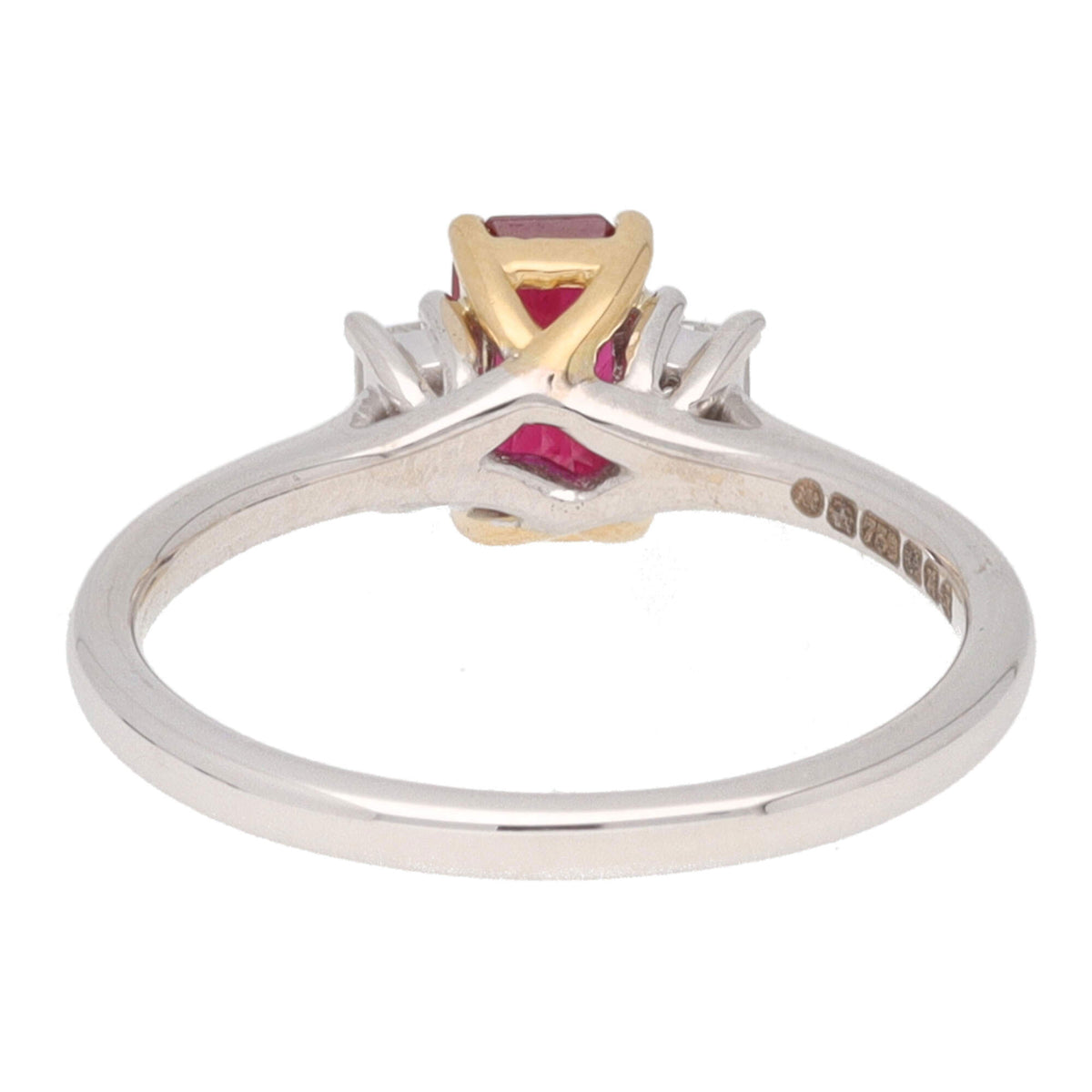 Ruby and Diamond Octagon Shaped 18ct Yellow and White Gold Three Stone Ring - Michael Jones Jeweller