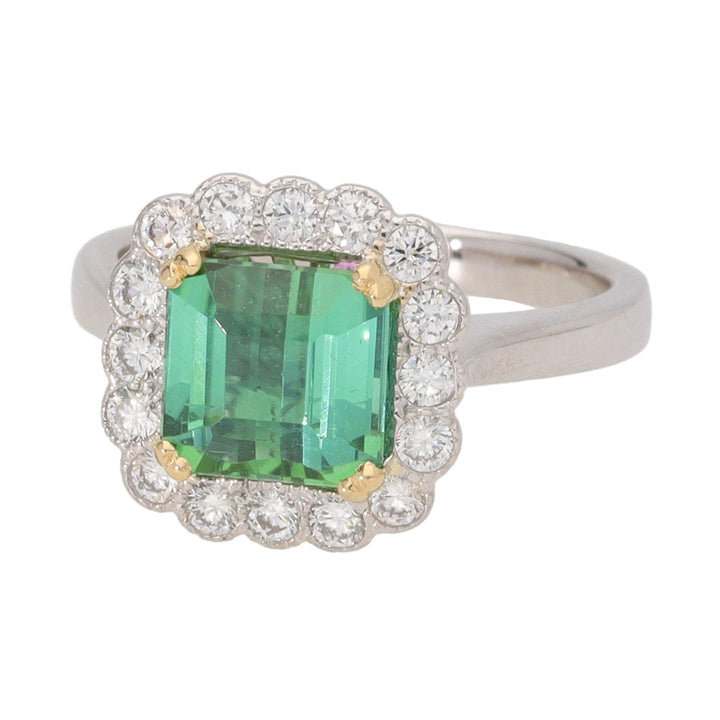 Green Tourmaline and Diamond 18ct White Gold Cluster Ring