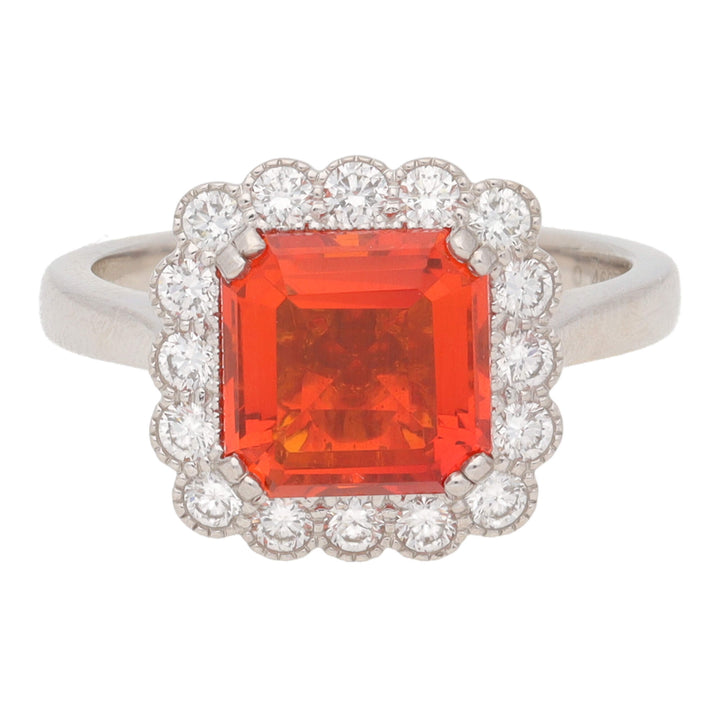 Fire Opal and Diamond 18ct White Gold Cluster Ring