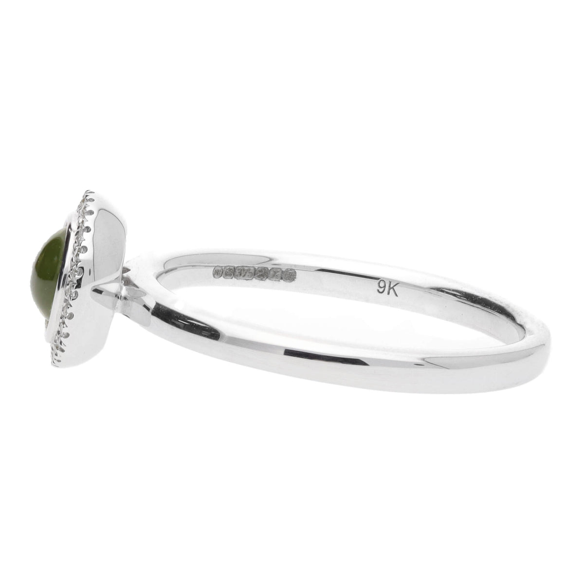 Peridot Cabochon Diamond Halo 9ct White Gold Cluster Ring - Michael Jones Jeweller