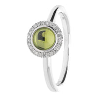Peridot Cabochon Diamond Halo 9ct White Gold Cluster Ring - Michael Jones Jeweller