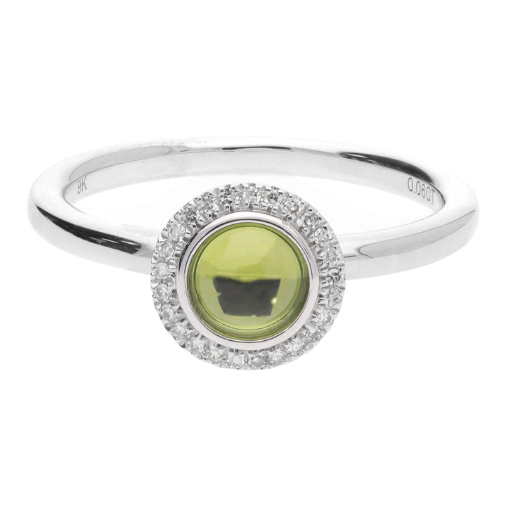 Peridot Cabochon Diamond Halo 9ct White Gold Cluster Ring - Michael Jones Jeweller