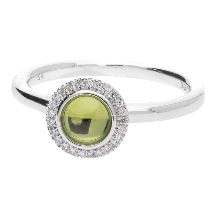 Peridot Cabochon Diamond Halo 9ct White Gold Cluster Ring - Michael Jones Jeweller