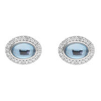 Blue Topaz Cabochon Diamond Halo Oval 9ct White Gold Earrings