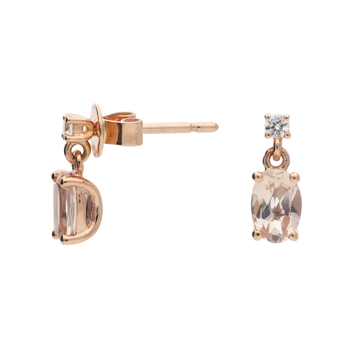 Morganite and Diamond 18ct Rose Gold Drop Earrings - Michael Jones Jeweller