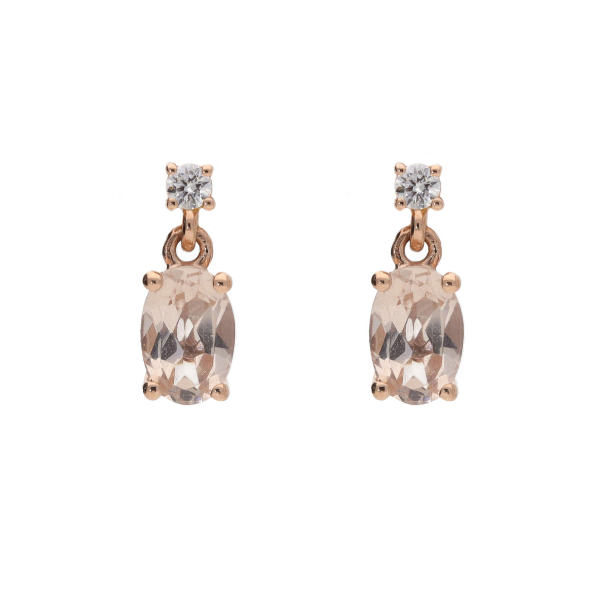 Morganite and Diamond 18ct Rose Gold Drop Earrings - Michael Jones Jeweller