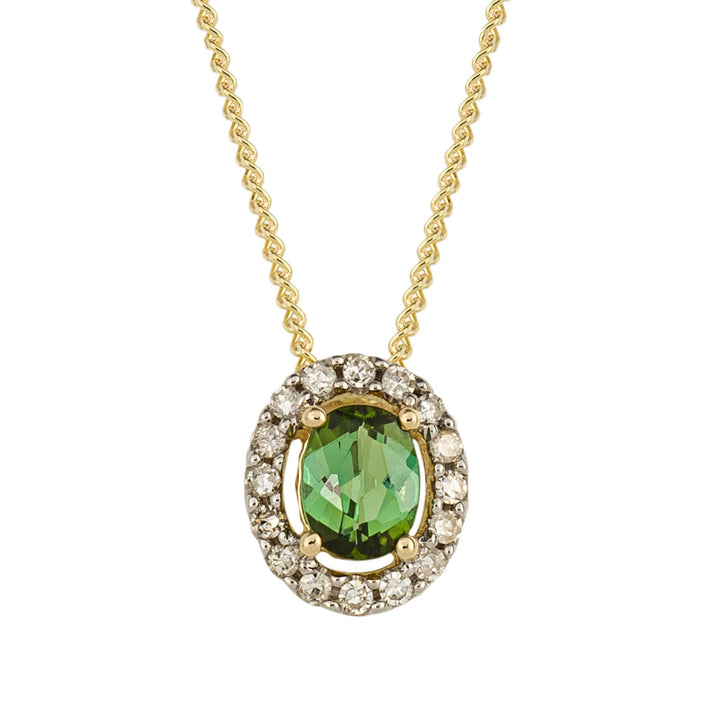Green Tourmaline and Diamond Oval 9ct Yellow Gold Cluster Pendant