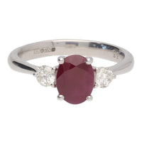 Ruby and Diamond Oval Platinum Three Stone Ring - Michael Jones Jeweller