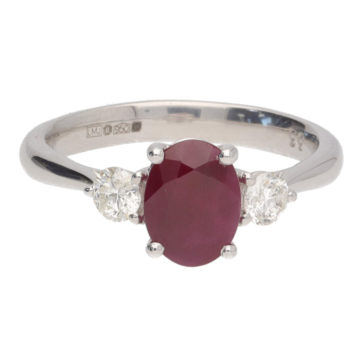 Ruby and Diamond Oval Platinum Three Stone Ring - Michael Jones Jeweller