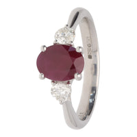 Ruby and Diamond Oval Platinum Three Stone Ring - Michael Jones Jeweller