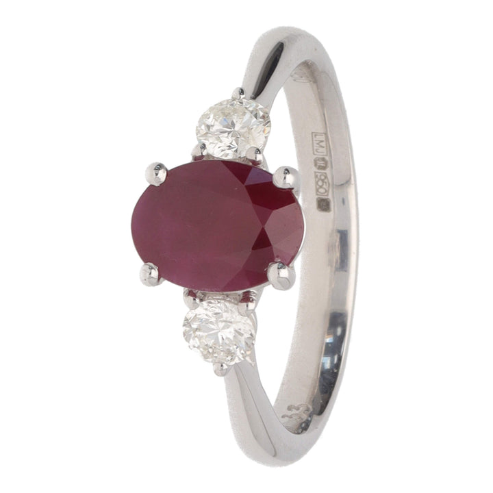Ruby and Diamond Oval Platinum Three Stone Ring - Michael Jones Jeweller