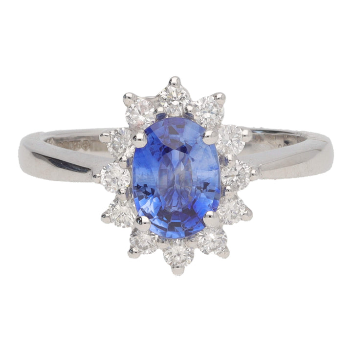 Blue Sapphire and Diamond Oval Platinum Cluster Ring - Michael Jones Jeweller